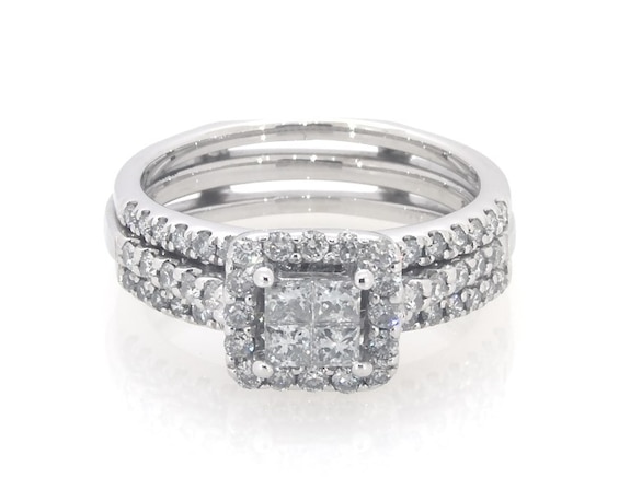 Previously Owned Princess-Cut Quad Diamond Halo Bridal Set 5/8 ct tw 14K White Gold Size 4.25