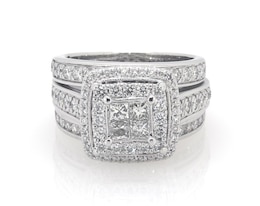 Previously Owned Princess-Cut Quad Diamond Double Halo Bridal Set 1-3/4 ct tw 14K White Gold Size 7