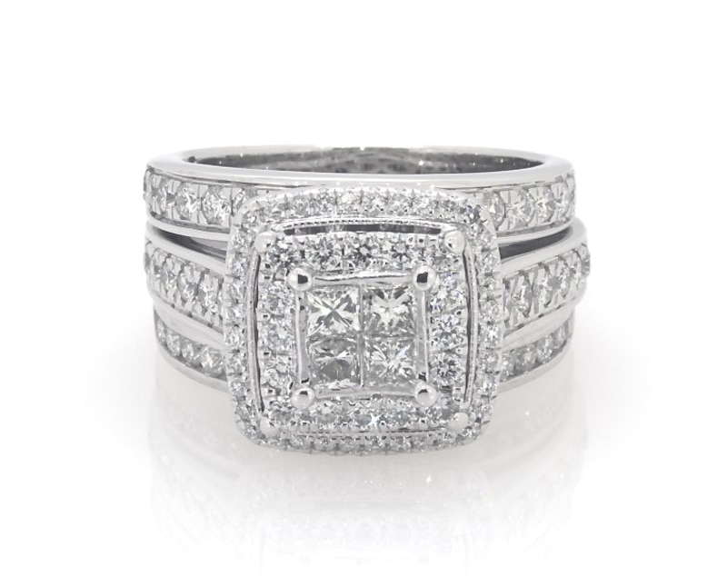 Main Image 1 of Previously Owned Princess-Cut Quad Diamond Double Halo Bridal Set 1-3/4 ct tw 14K White Gold Size 7