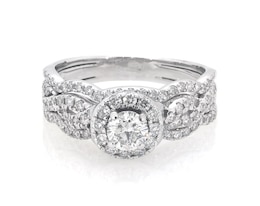 Previously Owned Round-Cut Diamond Halo Bridal Set 1 ct tw 14K White Gold Size 7.5