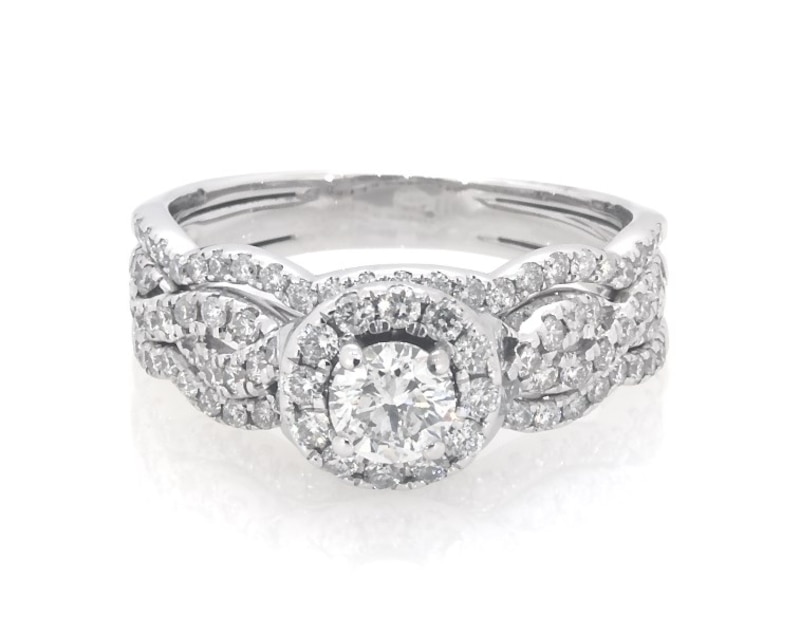 Main Image 1 of Previously Owned Round-Cut Diamond Halo Bridal Set 1 ct tw 14K White Gold Size 7.5