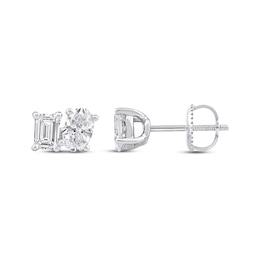 Previously Owned Toi et Moi Lab-Grown Diamond Emerald & Oval-Cut Stud Earrings 1 ct tw 14K White Gold