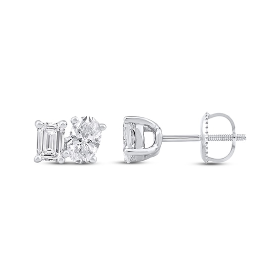Previously Owned Toi et Moi Lab-Grown Diamond Emerald & Oval-Cut Stud Earrings 1 ct tw 14K White Gold
