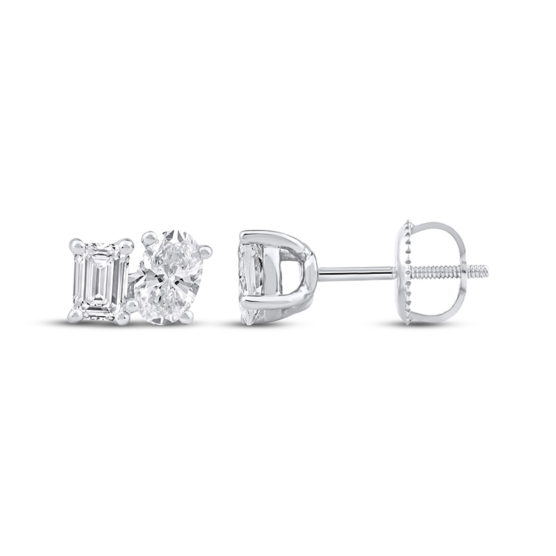 Main Image 3 of Previously Owned Toi et Moi Lab-Grown Diamond Emerald & Oval-Cut Stud Earrings 1 ct tw 14K White Gold