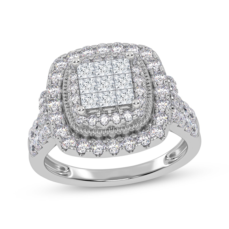 Main Image 1 of Previously Owned Princess-Cut Multi-Diamond Double Halo Engagement Ring 1 ct tw 10K White Gold