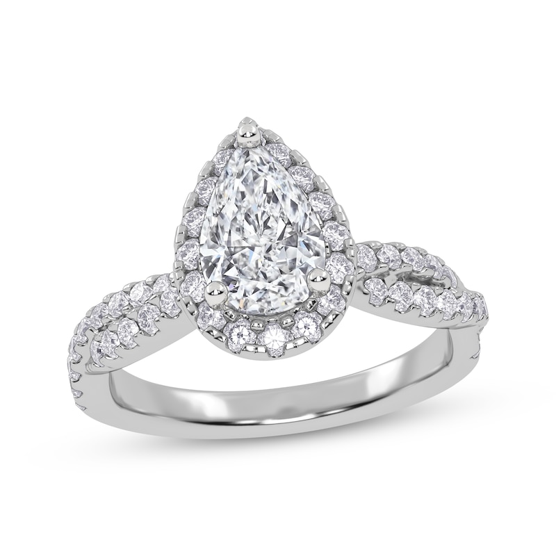 Main Image 1 of Previously Owned Pear-Shaped Lab-Grown Diamond Halo Engagement Ring 1-1/3 ct tw 14K White Gold