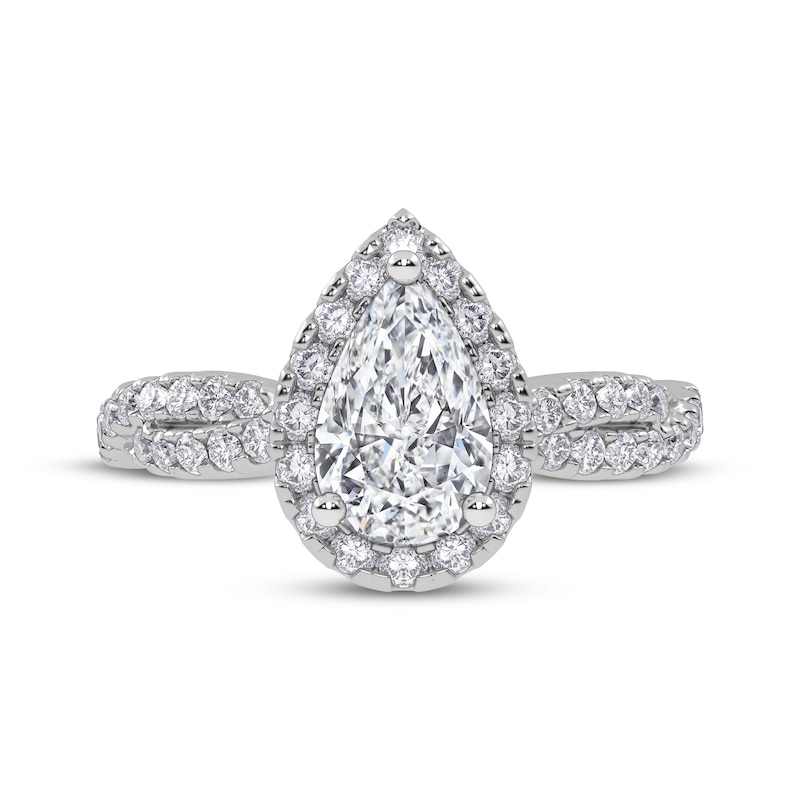 Main Image 3 of Previously Owned Pear-Shaped Lab-Grown Diamond Halo Engagement Ring 1-1/3 ct tw 14K White Gold