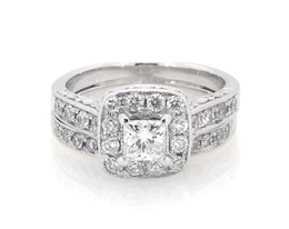 Previously Owned Princess-Cut Diamond Halo Bridal Set 1-1/5 ct tw 14K White Gold Size 6