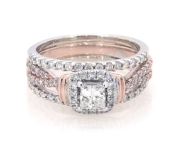 Previously Owned Princess-Cut Diamond Halo Bridal Set 1 ct tw 14K Two-Tone Gold Size 6.25