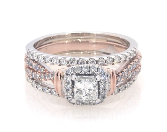 Previously Owned Princess-Cut Diamond Halo Bridal Set 1 ct tw 14K Two-Tone Gold Size 6.25