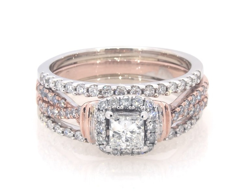 Main Image 1 of Previously Owned Princess-Cut Diamond Halo Bridal Set 1 ct tw 14K Two-Tone Gold Size 6.25