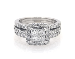 Previously Owned Princess-Cut Quad Diamond Halo Bridal Set 1-3/8 ct tw 14K White Gold Size 5.25