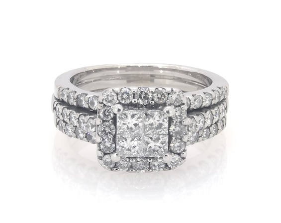 Previously Owned Princess-Cut Quad Diamond Halo Bridal Set 1-3/8 ct tw 14K White Gold Size 5.25