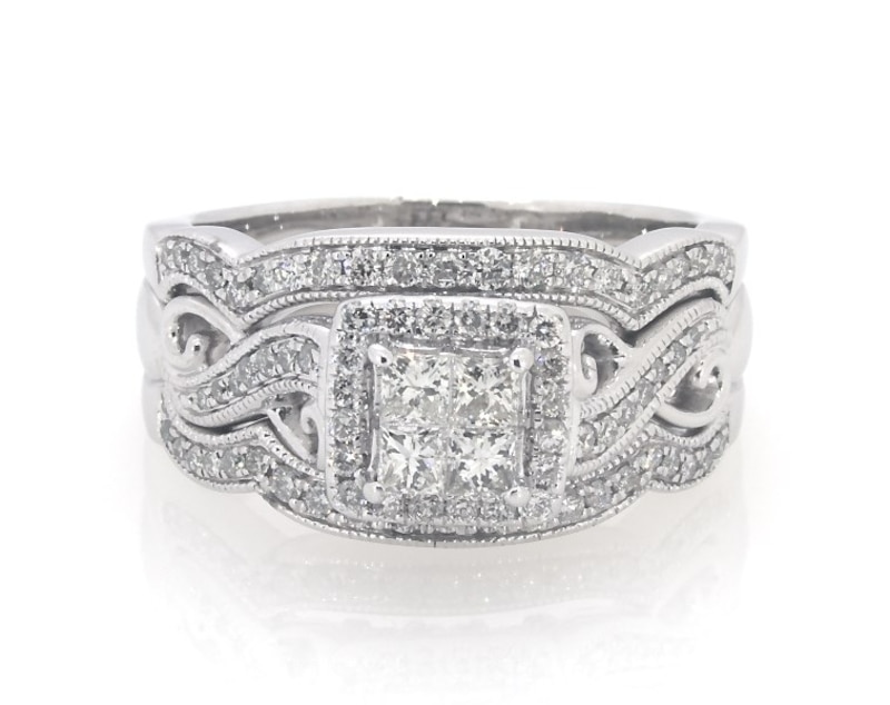 Main Image 1 of Previously Owned Princess-Cut Quad Diamond Twist Shank Soldered Bridal Set 7/8 ct tw 14K White Gold Size 8.75