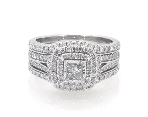 Previously Owned Princess-Cut Diamond Double Halo Bridal Set 1-3/8 ct tw 14K White Gold Size 8