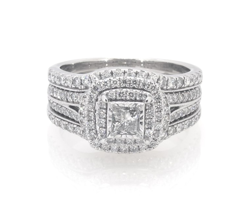 Main Image 1 of Previously Owned Princess-Cut Diamond Double Halo Bridal Set 1-3/8 ct tw 14K White Gold Size 8