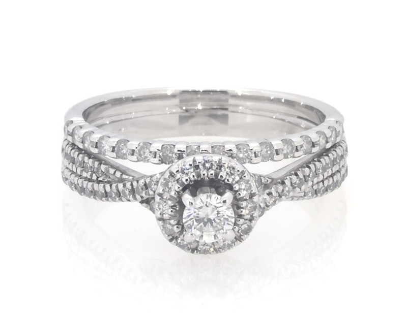 Main Image 1 of Previously Owned Round-Cut Diamond Halo Bridal Set 1/2 ct tw 10K White Gold Size 6