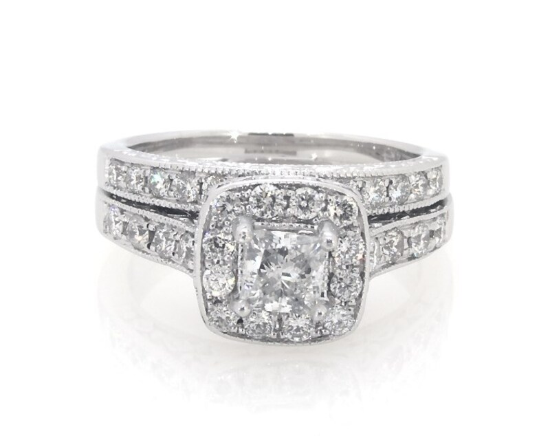 Main Image 1 of Previously Owned Princess-Cut Diamond Cushion Halo Bridal Set 1-1/5 ct tw ct tw 14K White Gold Size 6