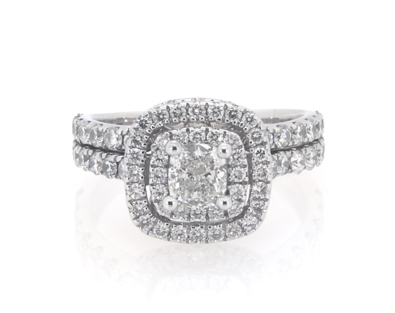 Main Image 1 of Previously Owned Neil Lane Cushion-Cut Diamond Double Halo Bridal Set 1-5/8 ct tw 14K White Gold Size 5.25
