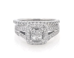 Previously Owned Princess-Cut Quad Diamond Halo Bridal Set 7/8 ct tw 14K White Gold Size 6.5