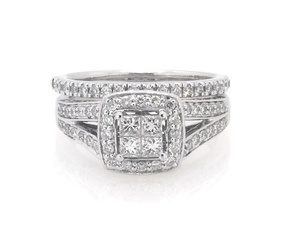 Previously Owned Princess-Cut Quad Diamond Halo Bridal Set 7/8 ct tw 14K White Gold Size 6.5