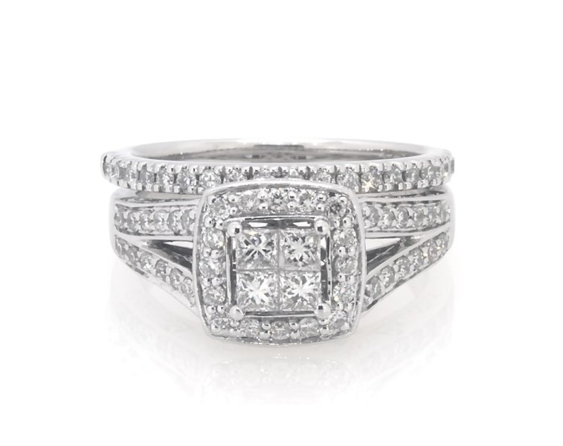 Main Image 1 of Previously Owned Princess-Cut Quad Diamond Halo Bridal Set 7/8 ct tw 14K White Gold Size 6.5