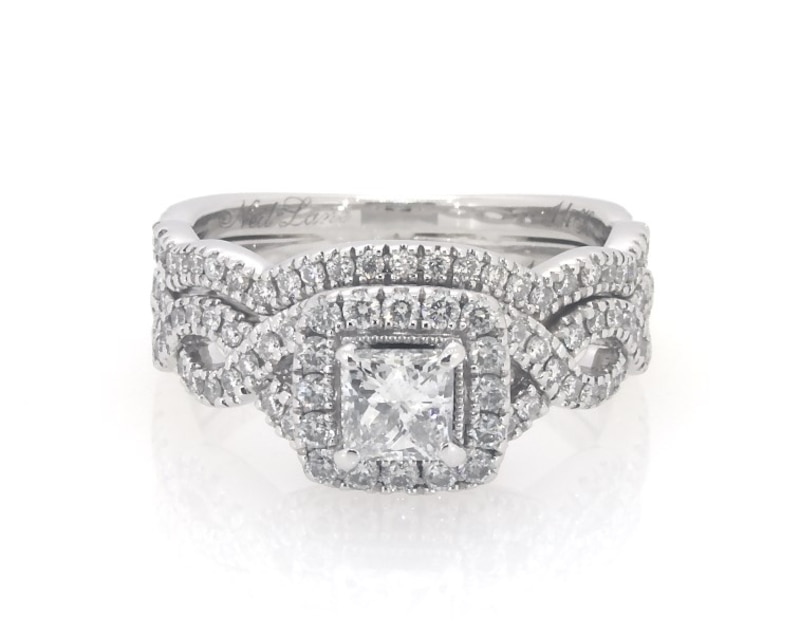 Main Image 1 of Previously Owned Neil Lane Princess-Cut Diamond Halo Bridal Set 1-1/4 ct tw 14K White Gold Size 6.25