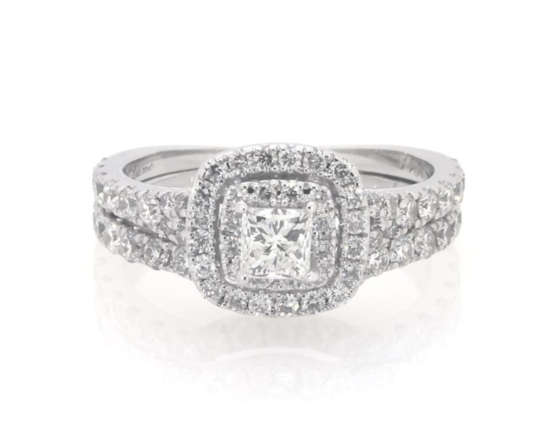 Main Image 1 of Previously Owned Neil Lane Princess-Cut Diamond Double Halo Bridal Set 1-1/3 ct tw 14K White Gold Size 5.75