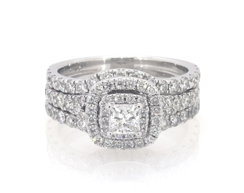 Main Image 1 of Previously Owned Neil Lane Princess-Cut Diamond Double Halo Bridal Set 1-3/4 ct tw 14K White Gold Size 5.75