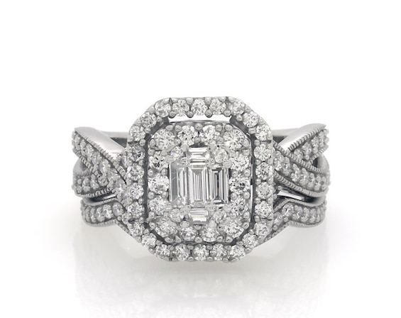 Previously Owned Baguette-Cut Diamond Double Halo Bridal Set 1-1/ ct tw 14K White Gold Size
