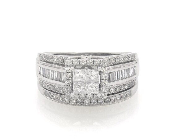 Previously Owned Princess-Cut Quad Diamond Halo Bridal Set 1 ct tw 14K White Gold Size 7.5
