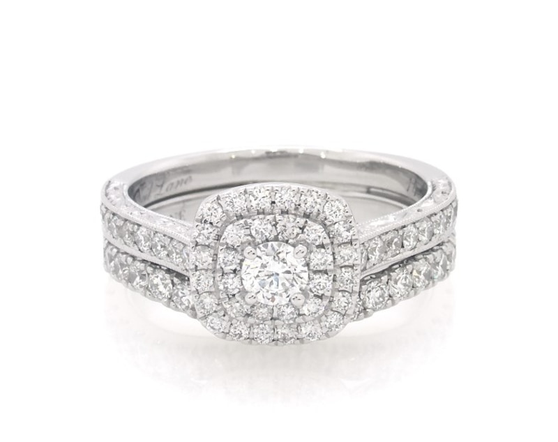 Main Image 1 of Previously Owned Neil Lane Round-Cut Diamond Double Halo Bridal Set 1-3/8 ct tw 14K White Gold Size 8.5