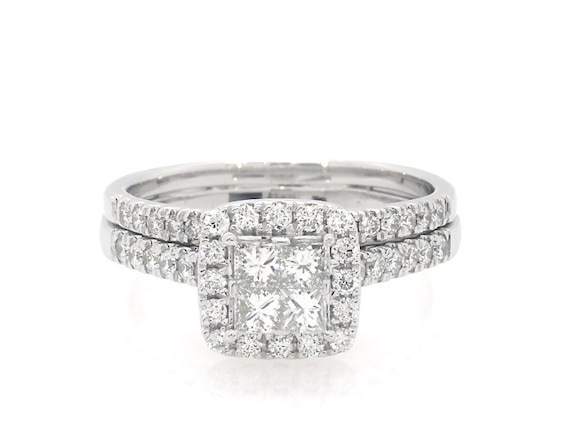 Previously Owned Princess-Cut Quad Diamond Halo Bridal Set 1-1/8 ct tw 14K White Gold Size 9