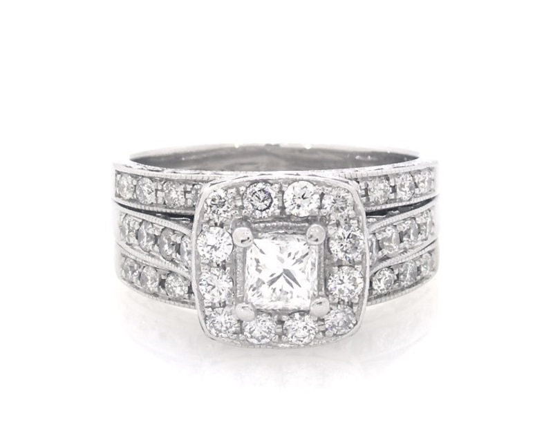 Main Image 1 of Previously Owned Princess-Cut Diamond Halo Bridal Set 1-7/8 ct tw 14K White Gold Size 8.25