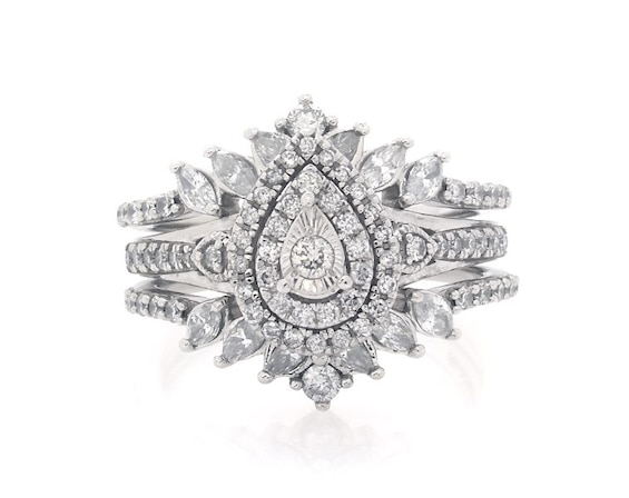 Previously Owned Round-Cut Diamond Pear-Shaped Double Halo Bridal Set 1 ct tw 10K White Gold Size 8