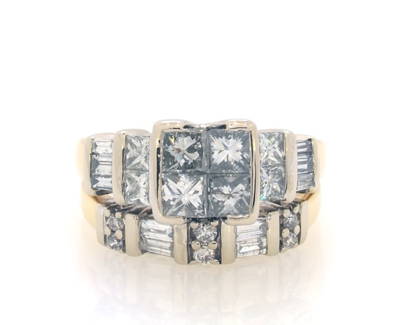 Main Image 1 of Previously Owned Princess-Cut Quad Diamond Bridal Set 1-5/8 ct tw 14K Two-Tone Gold Size 5.75