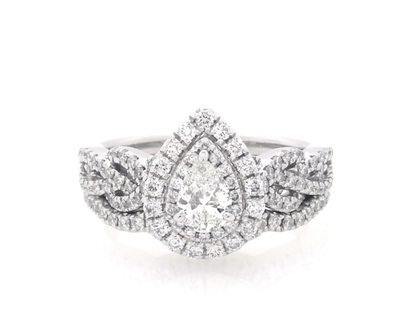 Main Image 1 of Previously Owned Neil Lane Pear-Shaped Diamond Double Halo Bridal Set 7/8 ct tw 14K White Gold Size 5.5