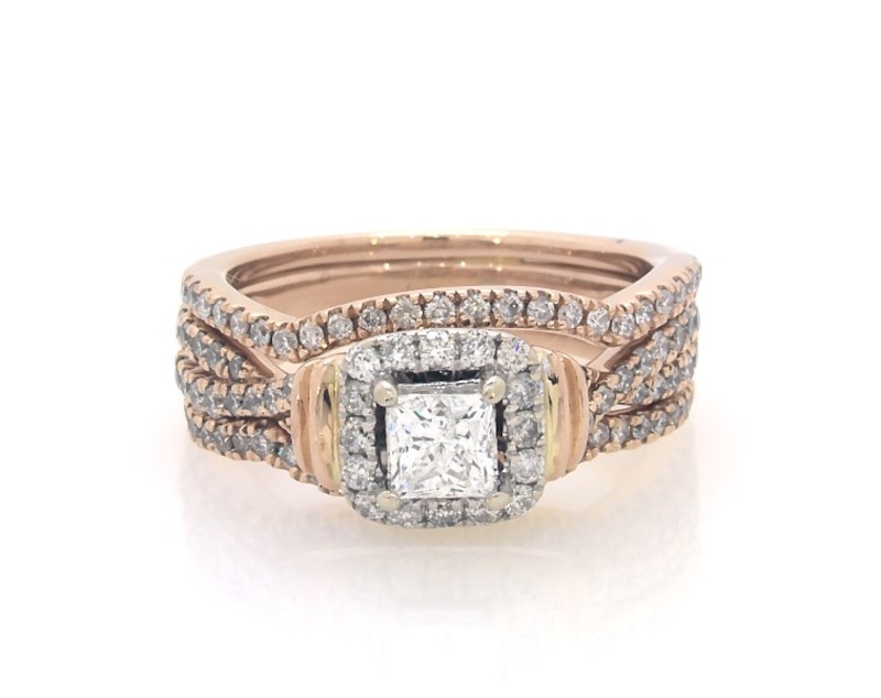 Main Image 1 of Previously Owned Princess-Cut Diamond Halo Bridal Set 7/8 ct tw 14K Two-Tone Gold Size 4.5