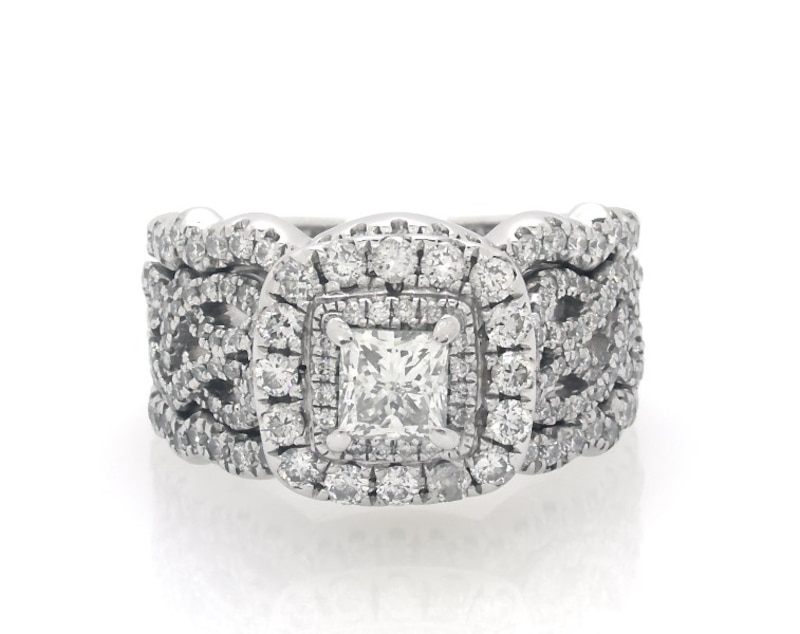 Main Image 1 of Previously Owned Neil Lane Princess-Cut Diamond Double Halo Bridal Set 1-5/8 ct tw 14K White Gold Size 5.75