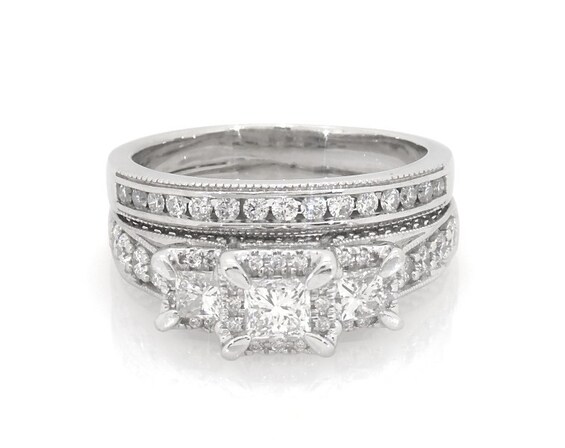 Previously Owned Princess-Cut Three-Stone Diamond Halo Bridal Set 1-5/8 ct tw 14K White Gold Size 9
