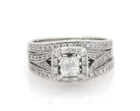Previously Owned Princess-Cut Quad Diamond Halo Bridal Set 5/8 ct tw 14K White Gold Size 7.25