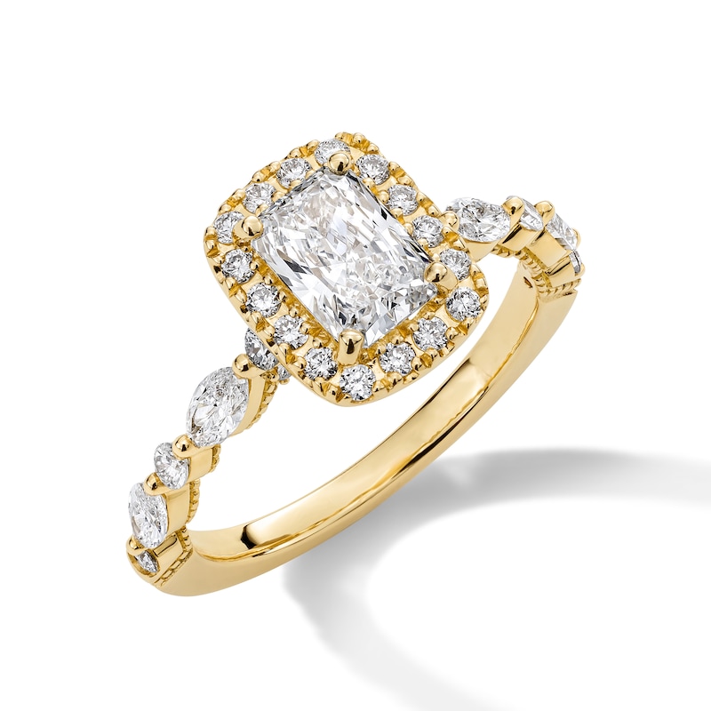 Main Image 1 of Previously Owned Neil Lane Artistry Radiant-Cut Lab-Grown Diamond Halo Engagement Ring 1-3/4 ct tw 14K Yellow Gold