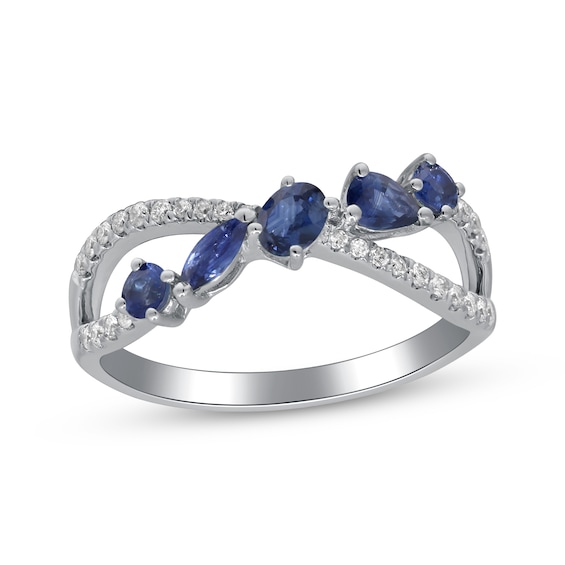 Previously Owned Multi-Shape Natural Blue Sapphire & Diamond Crossover Ring 1/6 ct tw 10K White Gold