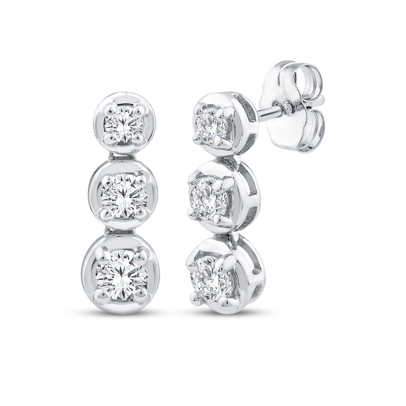 Main Image 1 of Previously Owned Memories, Moments, Magic Diamond Three-Stone Drop Earrings 1/2 ct tw 10K White Gold
