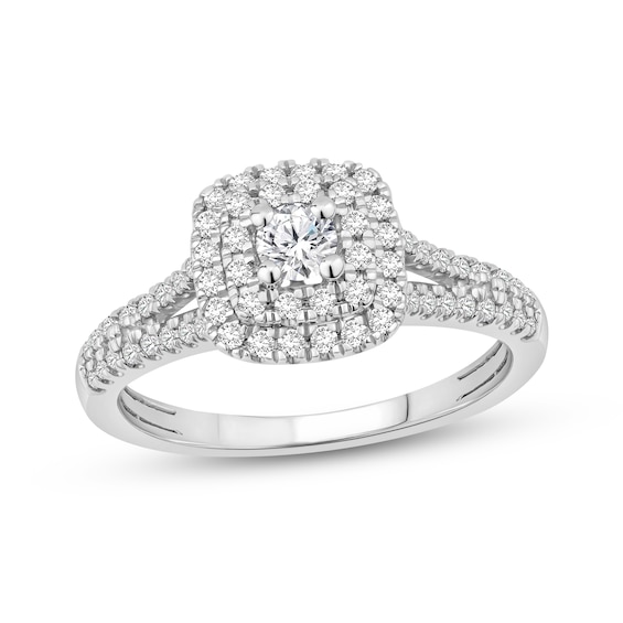 Previously Owned Round-Cut Diamond Double Cushion Halo Engagement Ring 1/2 ct tw 10K White Gold