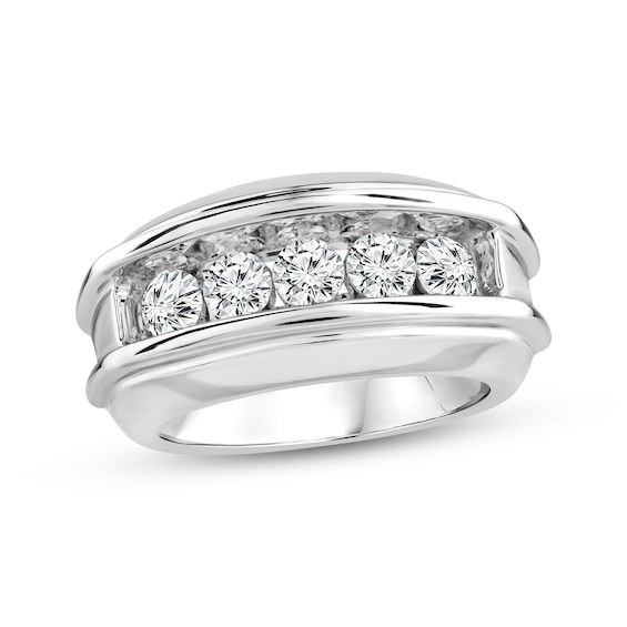 Previously Owned Men's Lab-Grown Diamonds Five-Stone Wedding Band 1-7/8 ct tw Round-cut 14K White Gold