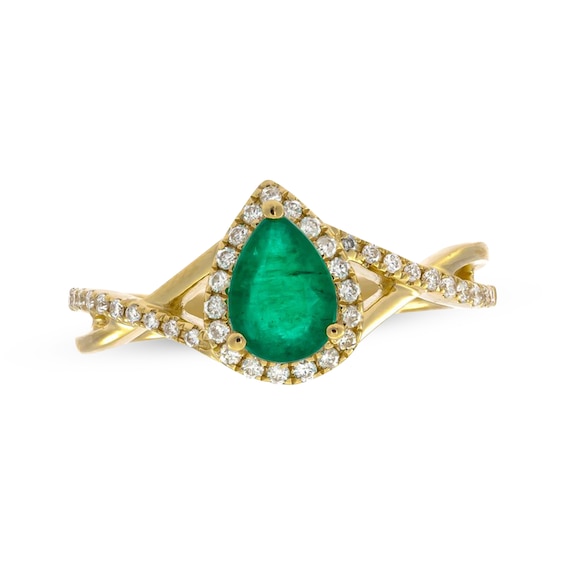Previously Owned Pear-Shaped Emerald & Diamond Halo Ring 1/5 ct tw 10K Yellow Gold