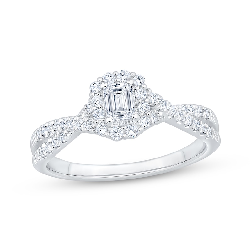 Main Image 1 of Previously Owned Lab-Grown Diamonds Emerald-Cut Halo Engagement Ring 1/2 ct tw 14K White Gold