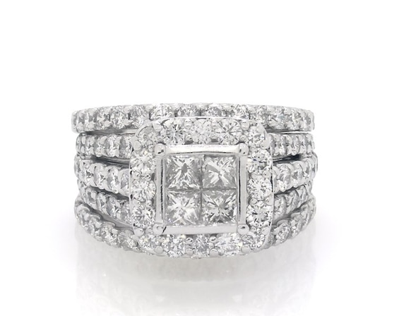 Previously Owned Princess-Cut Quad Diamond Halo Bridal Set 3-7/8 ct tw 14K White Gold Size 7
