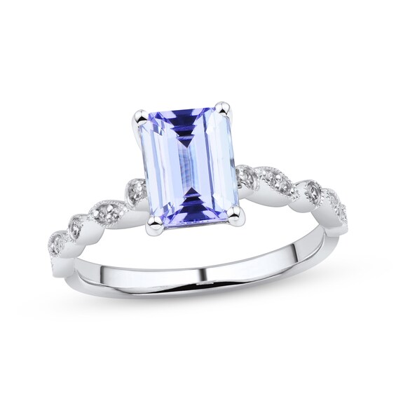 Previously Owned Emerald-Cut Tanzanite & Diamond Engagement Ring 1/10 ct tw 14K White Gold
